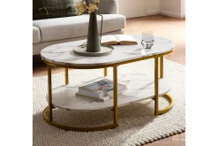 Sofabord Wohnling marmorutseende oval 100 cm med oppbevaringshylle, Bauhaus-stil Marmor Hvit