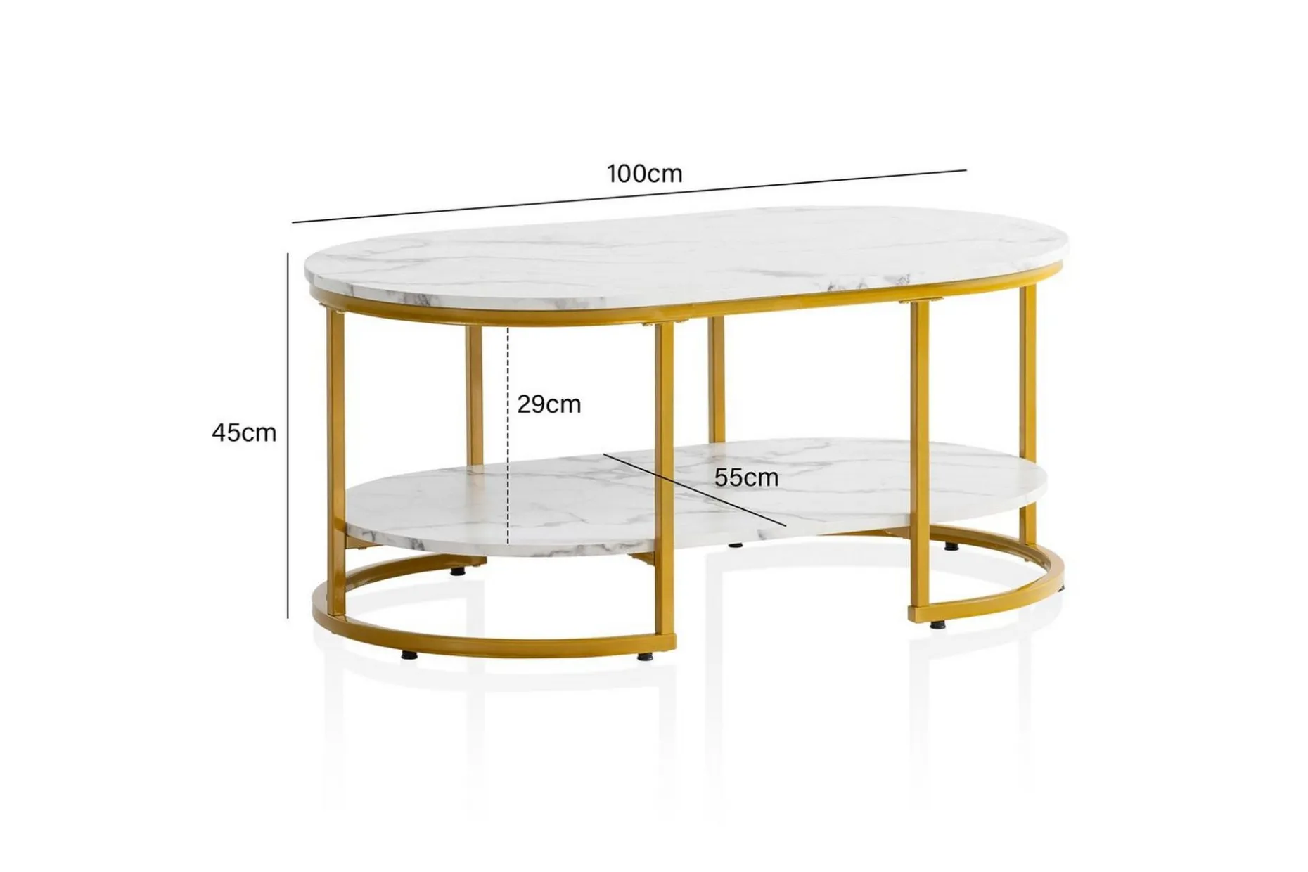Sofabord Wohnling marmorutseende oval 100 cm med oppbevaringshylle, Bauhaus-stil Marmor Hvit