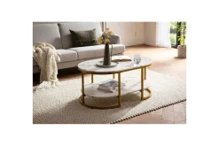 Sofabord Wohnling marmorutseende oval 100 cm med oppbevaringshylle, Bauhaus-stil Marmor Hvit