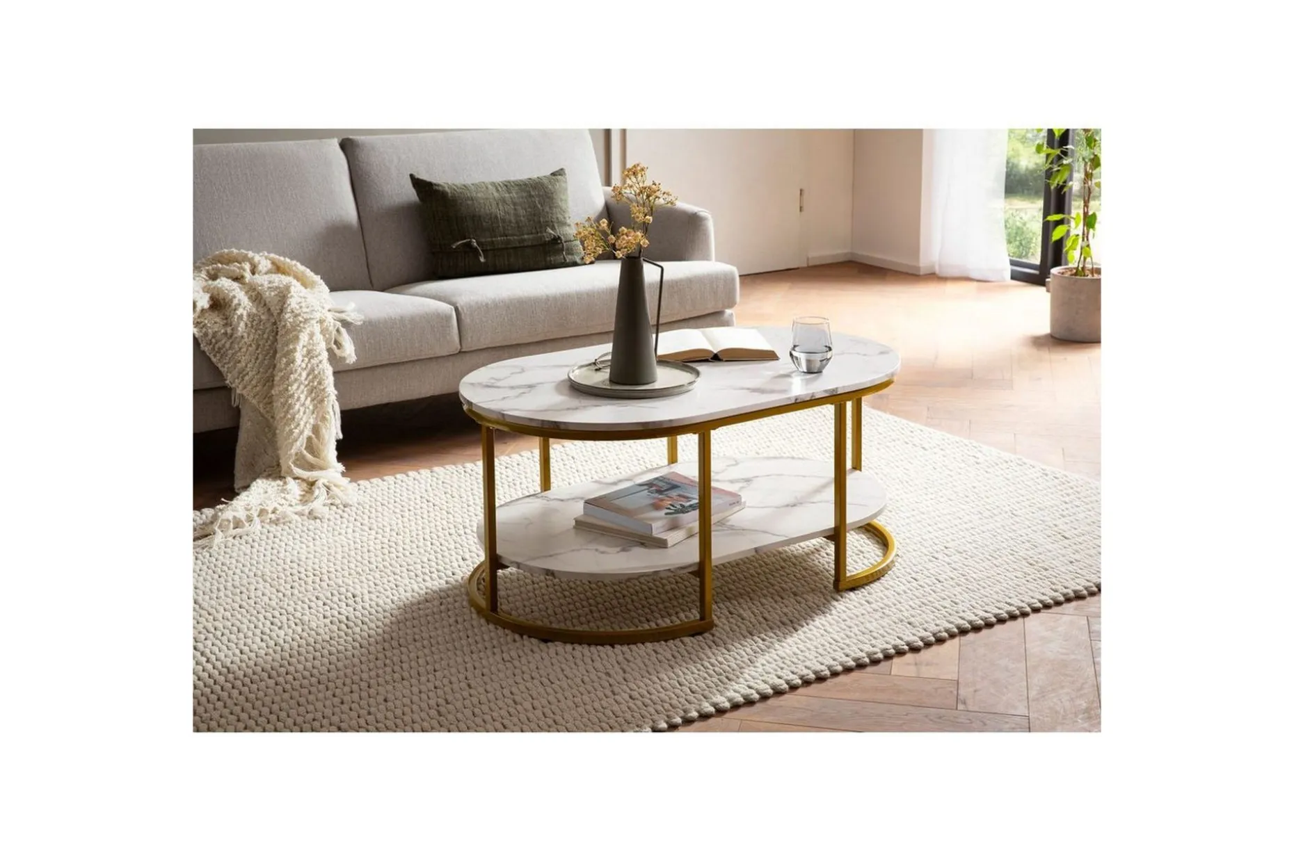 Sofabord Wohnling marmorutseende oval 100 cm med oppbevaringshylle, Bauhaus-stil Marmor Hvit