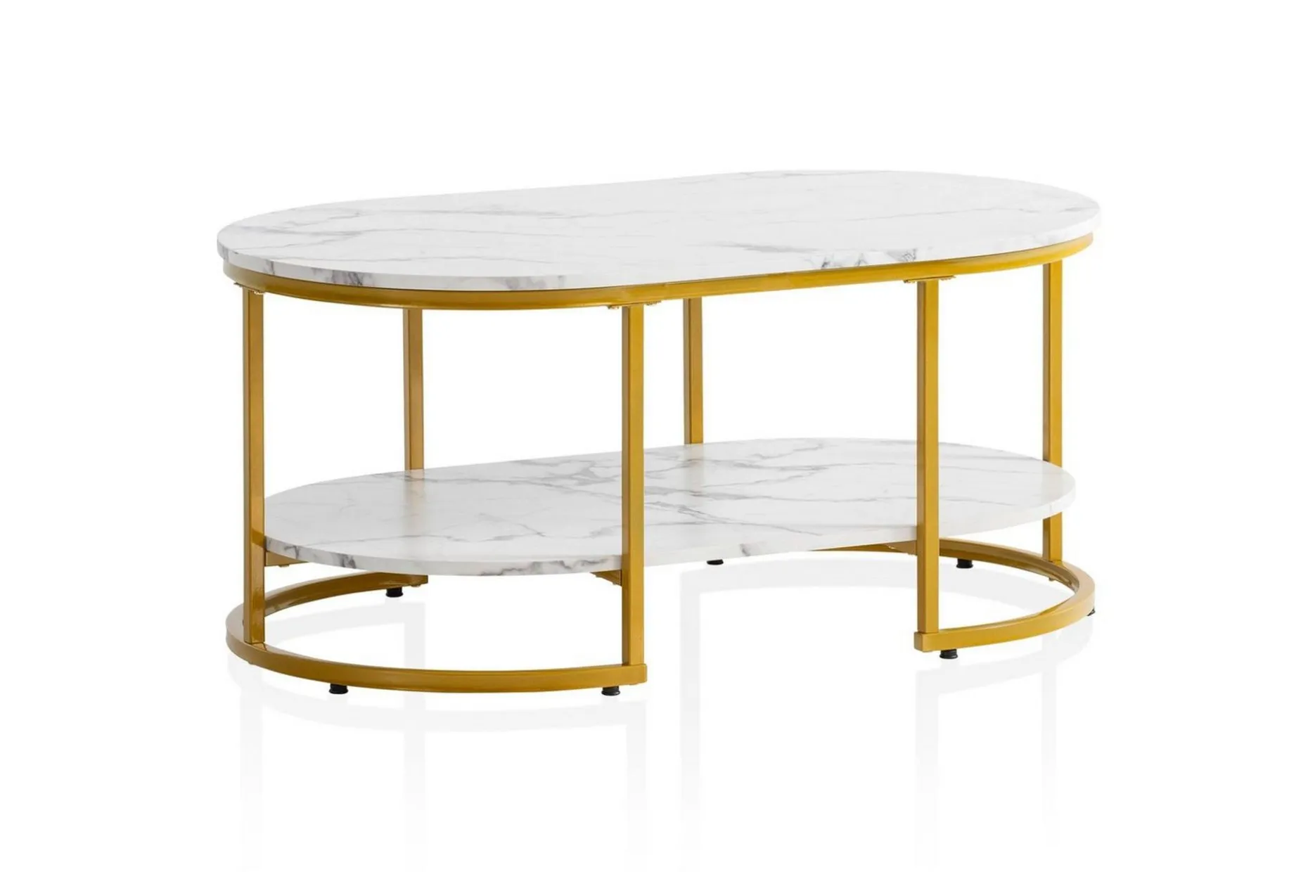 Sofabord Wohnling marmorutseende oval 100 cm med oppbevaringshylle, Bauhaus-stil Marmor Hvit