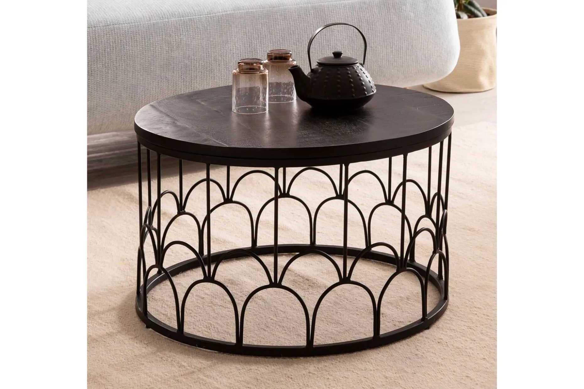 Sofabord Wohnling Massivt treverk rund 60 cm med moderne metallramme moderne