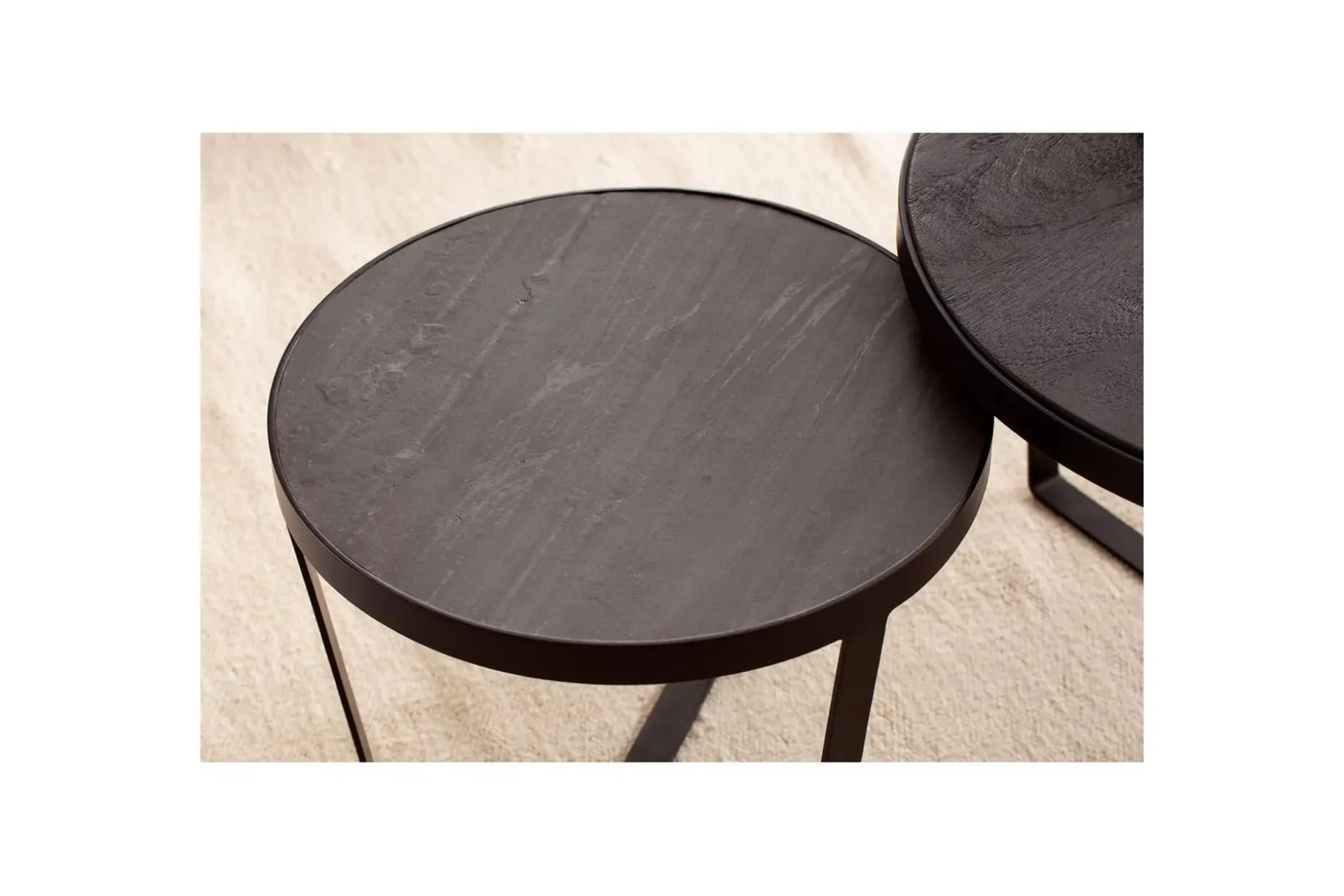Sofabord Wohnling Sett med 2 runde i heltre og steinoptikk, design metallbase, landlig stil Svart, svart