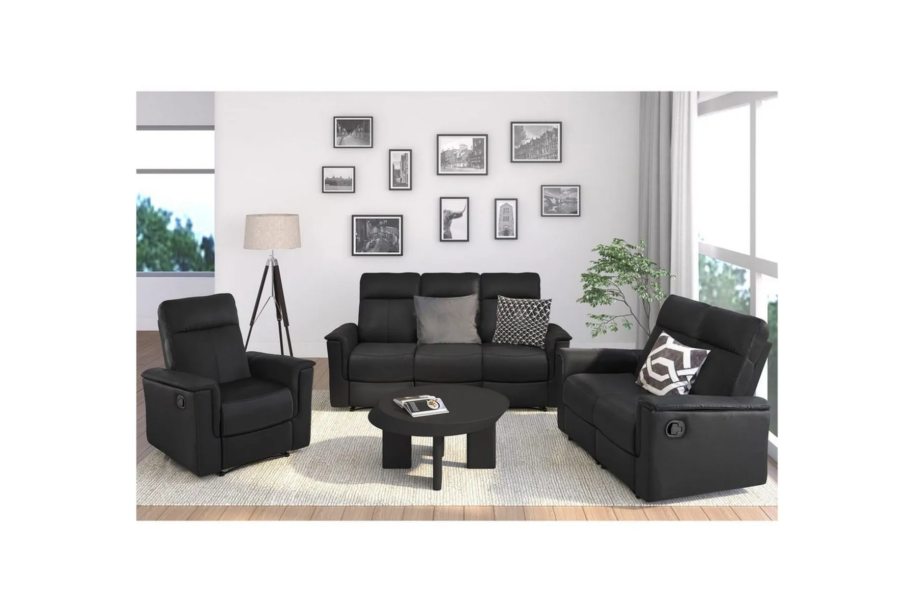 Sofa 2-seter Southbrook Svart, Ekte skinn/PU/Tre/Metall, Manuell hvilestol