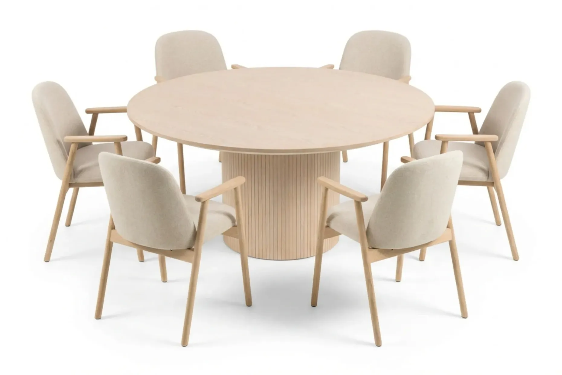 Spisegruppe Bark Kopparbo rundt spisebord 180 cm hvitlasert med 6 Reciclar spisestoler Lys eik|Beige