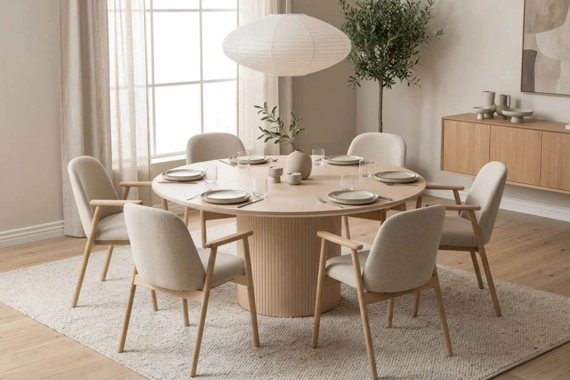 Spisegruppe Bark Kopparbo rundt spisebord 180 cm hvitlasert med 6 Reciclar spisestoler Lys eik|Beige