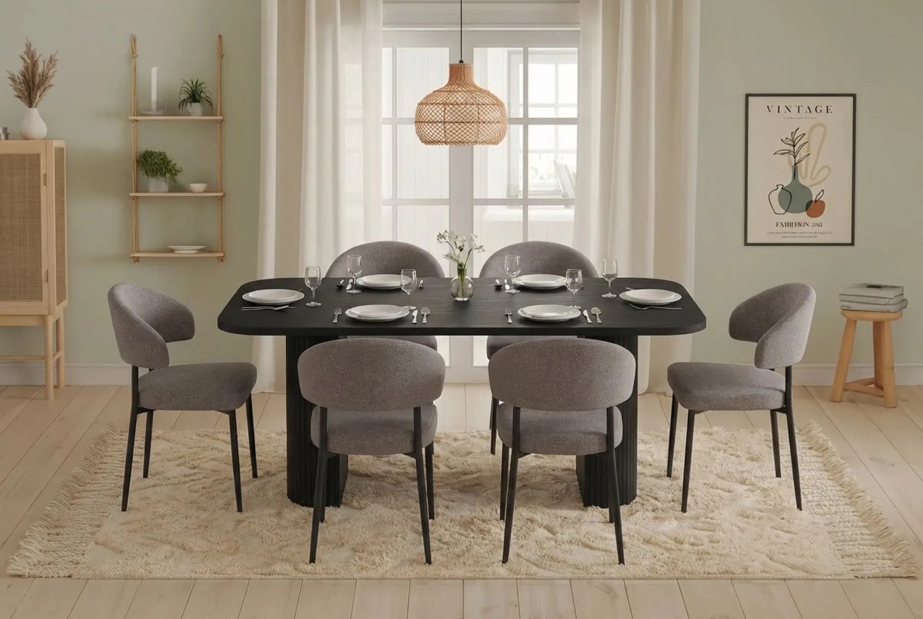 Spisegruppe Bark Kopparbo spisebord 200 cm med 6 Sawako Greige stoler Svart|Greige