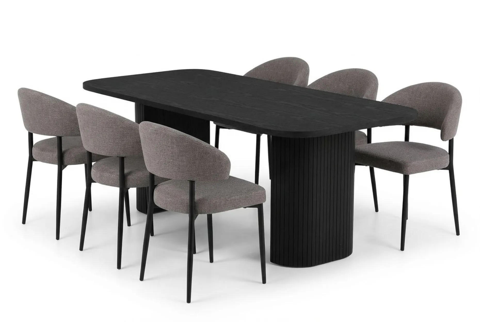 Spisegruppe Bark Kopparbo spisebord 200 cm med 6 Sawako Greige stoler Svart|Greige