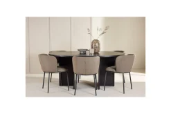 Spisegruppe Strada Rundt 120/170 cm Svart med Edina Stoler 6 stk, Svart / Brun