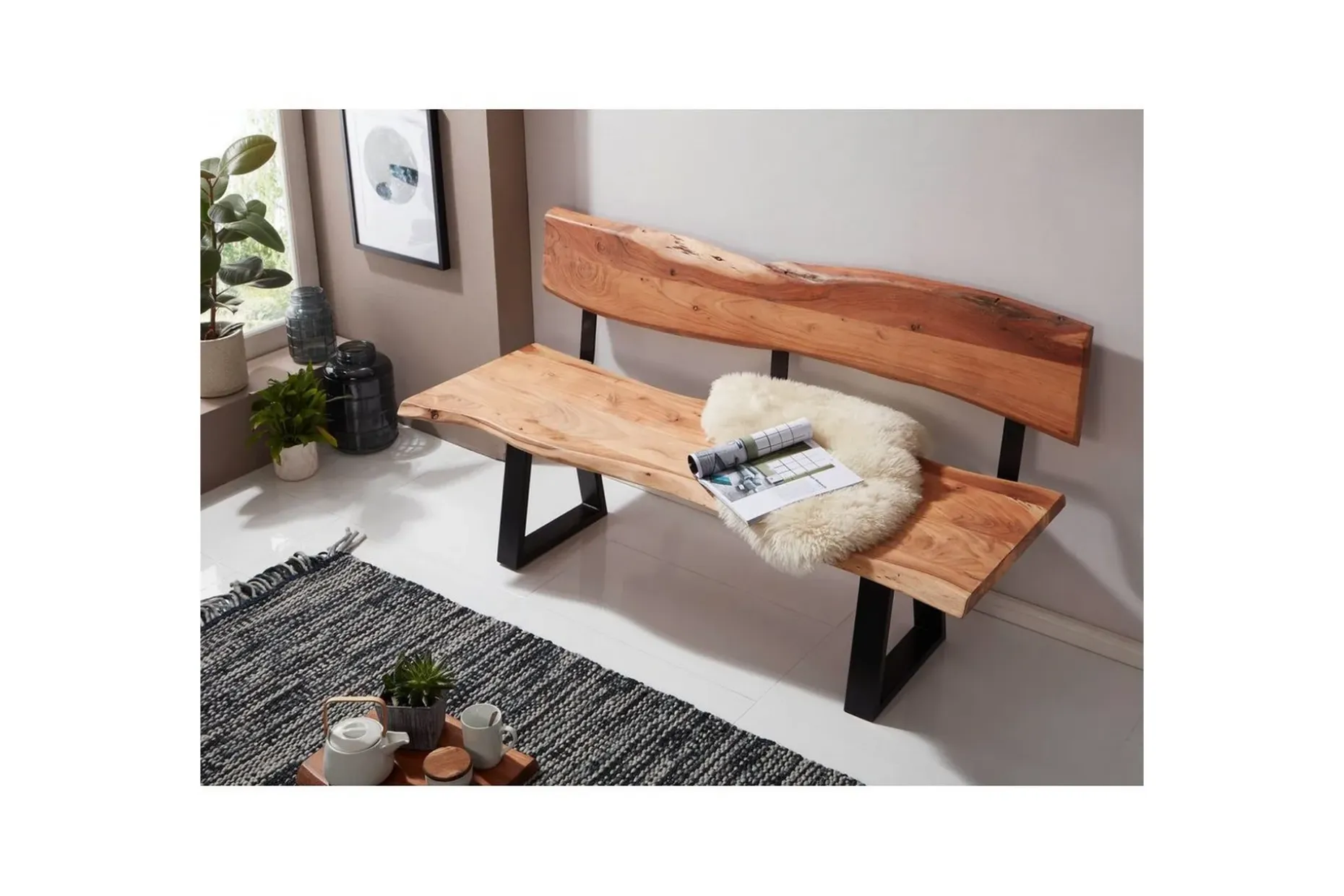 Spisestuebenk Wohnling Heltre tre kant med metallben landstil Med ryggstøtte, 180 cm