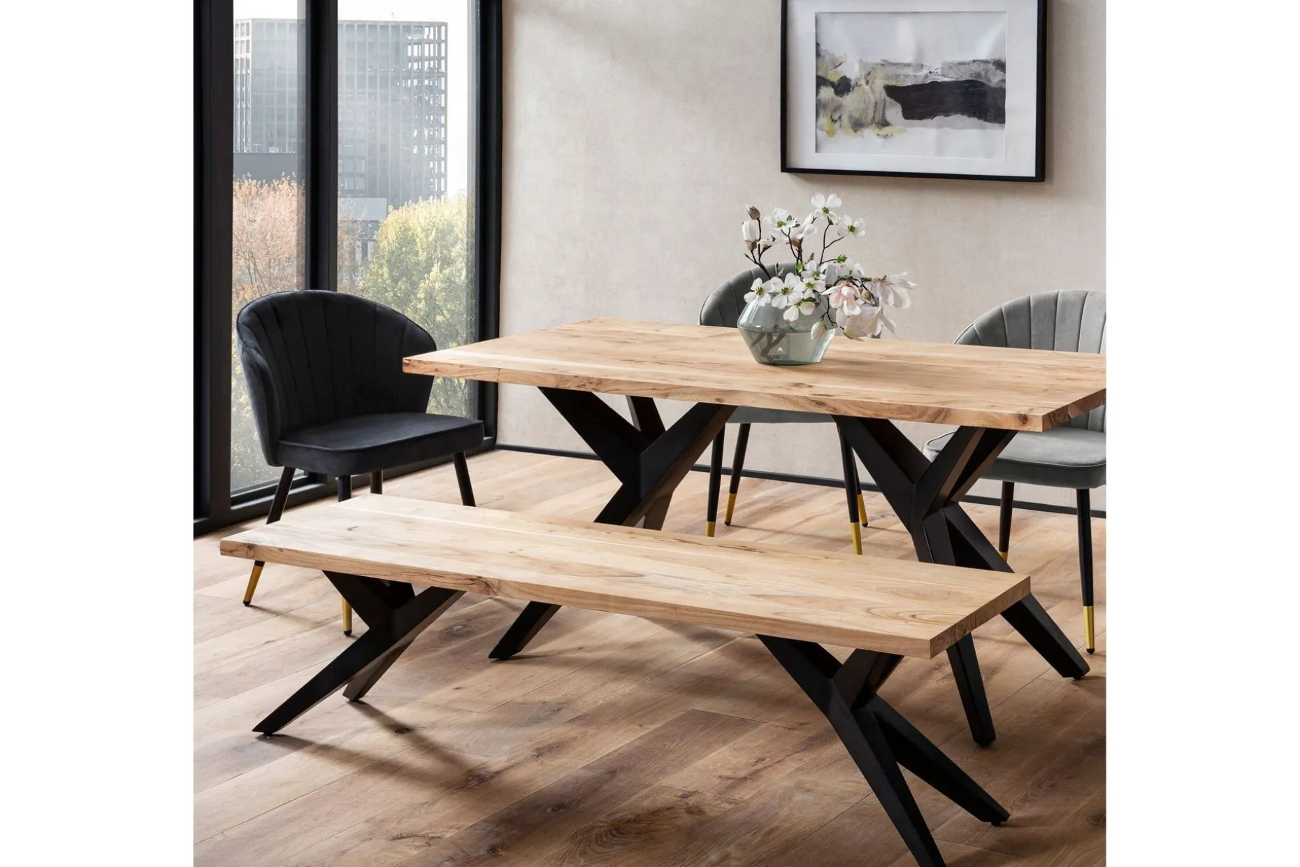 Spisestuebenk Wohnling massivt tre moderne loftstil med metallben 175 cm