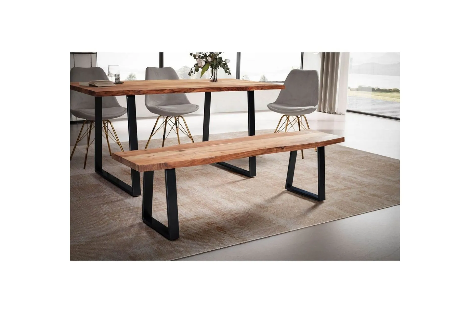 Spisestuebenk Wohnling Massivt tre med metallben trekant landlig stil Svart, Rett, 180 cm