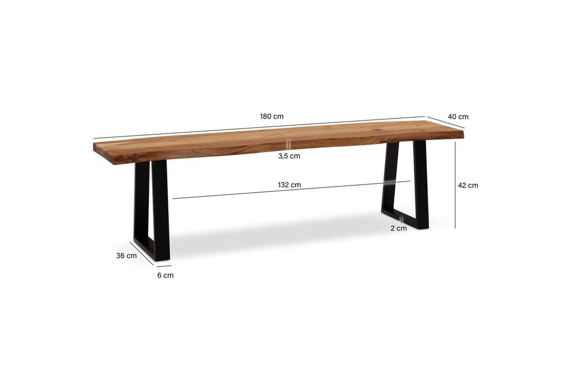 Spisestuebenk Wohnling Massivt tre med metallben trekant landlig stil Svart, Rett, 180 cm