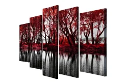 Stort lerretsbilde i 5 deler 105x70 cm - Rødskiftende trær ved en speilblank innsjø