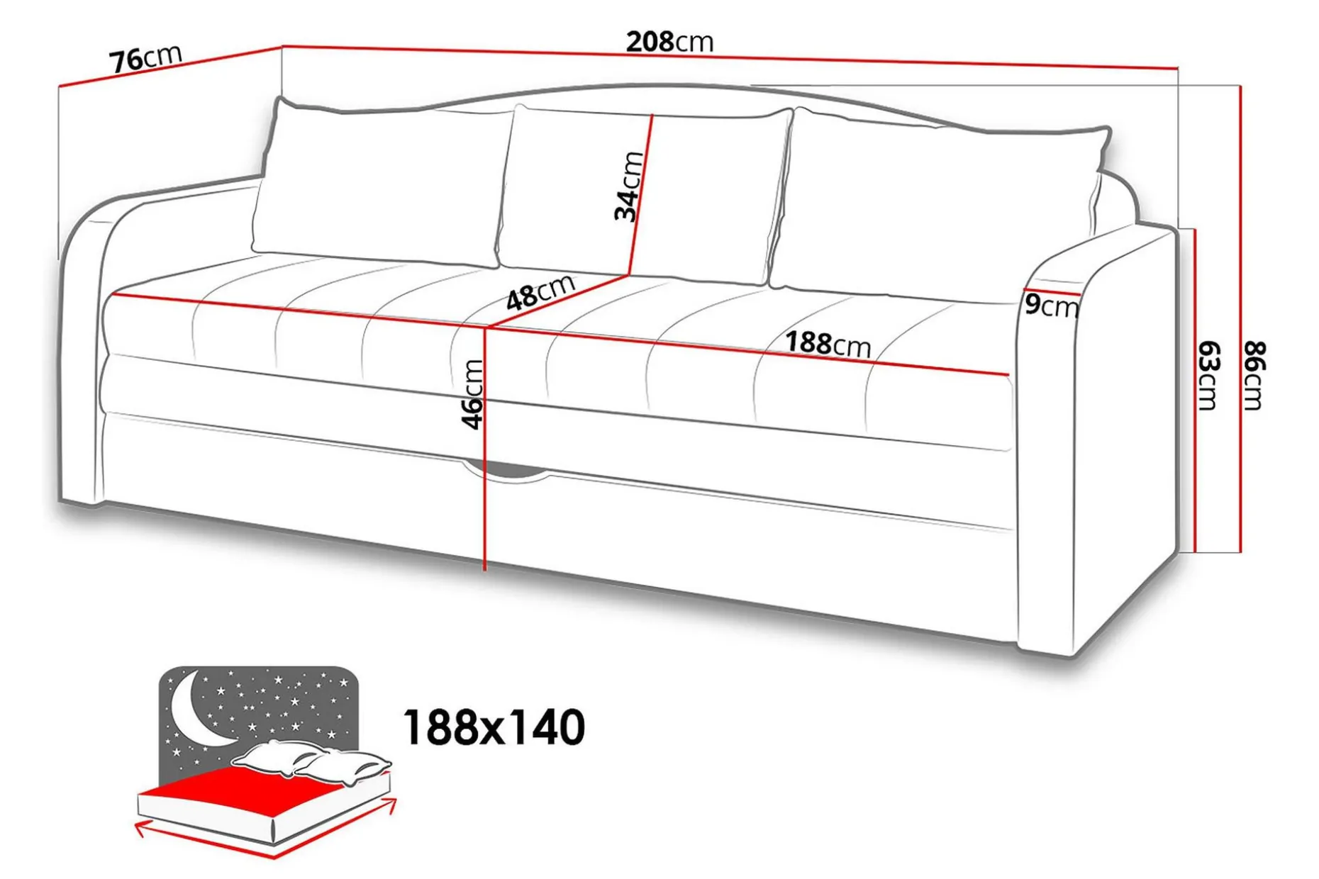 Tenus Sovesofa 208x76x86 cm