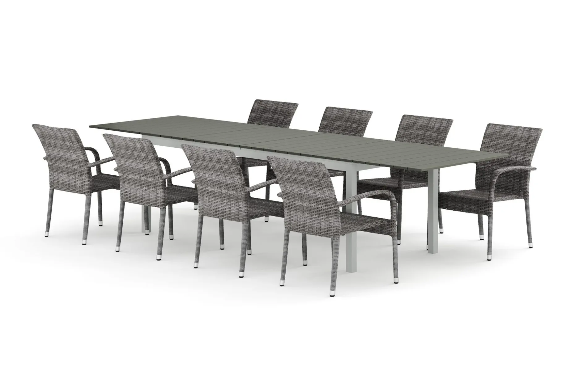 Tunis utendørs spisegruppe uttrekkbar 205/305x90 cm med 8 Thor Light utendørs lenestoler