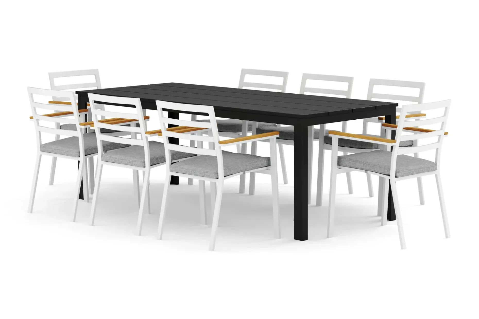 Tunis utendørs spisegruppe 205x90 cm med 8 Oliver armstoler med pute