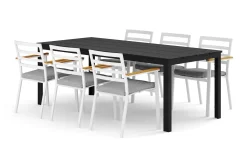 Tunis utendørs spisegruppe 205x90 cm med 6 Oliver karmstoler med pute