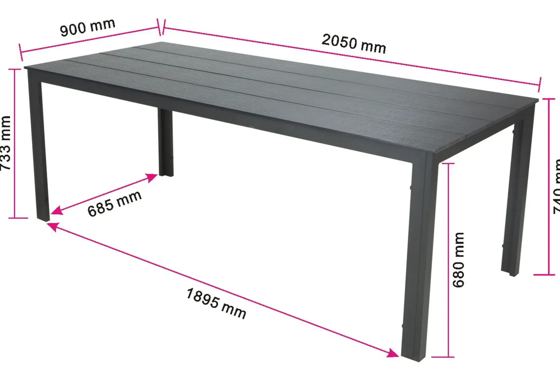 Tunis ute spisebord 205x90 cm rektangulært