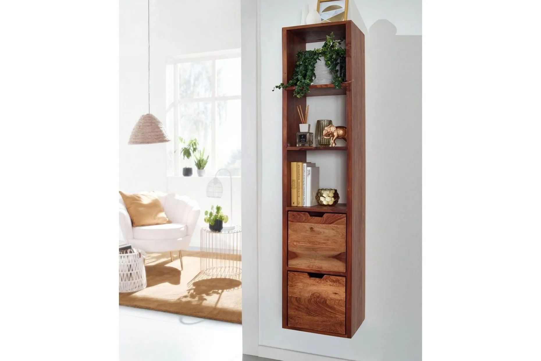 Vegghylle Wohnling Vegghengt i heltre med 2 skuffer 150 cm lagring landstil