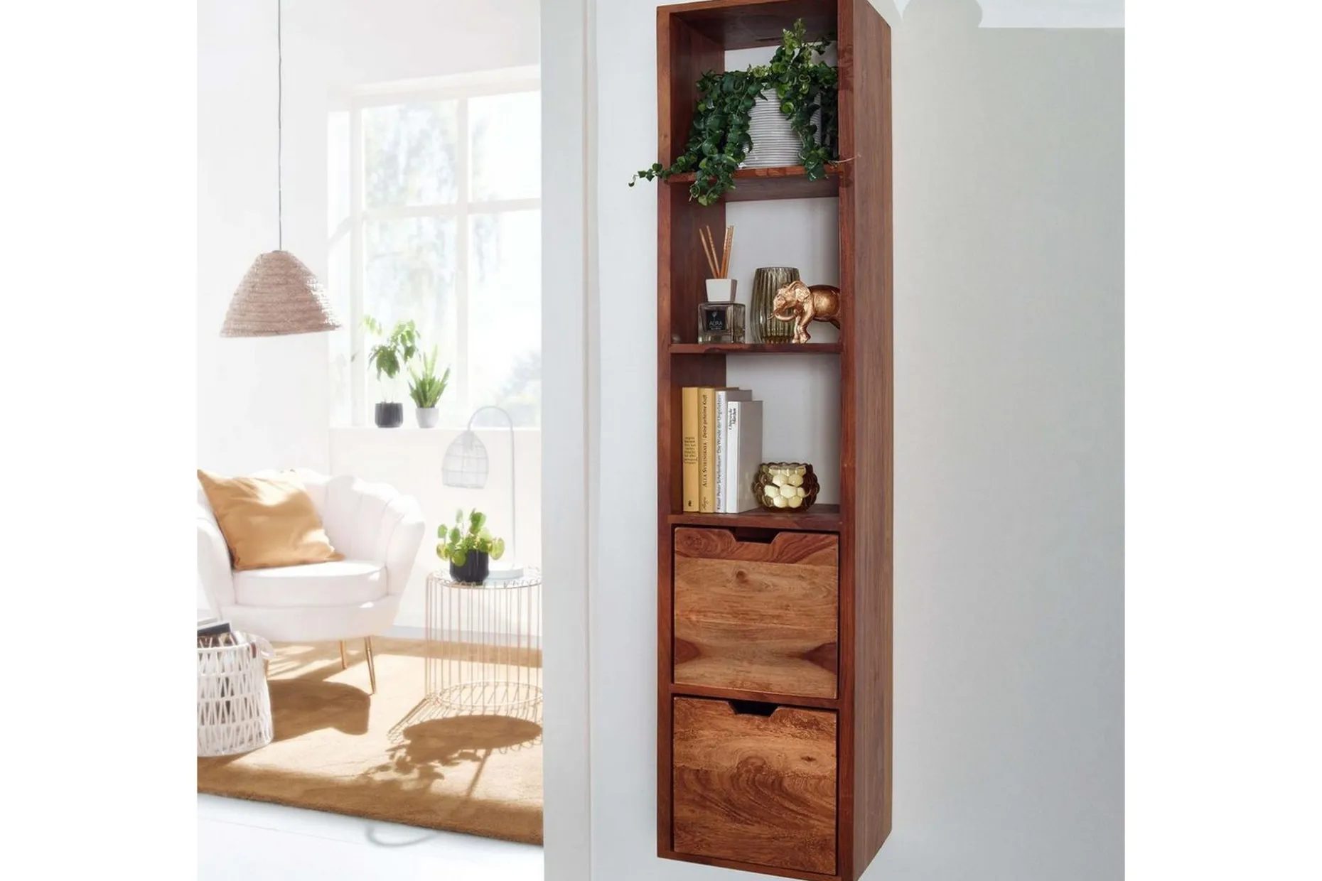 Vegghylle Wohnling Vegghengt i heltre med 2 skuffer 150 cm lagring landstil