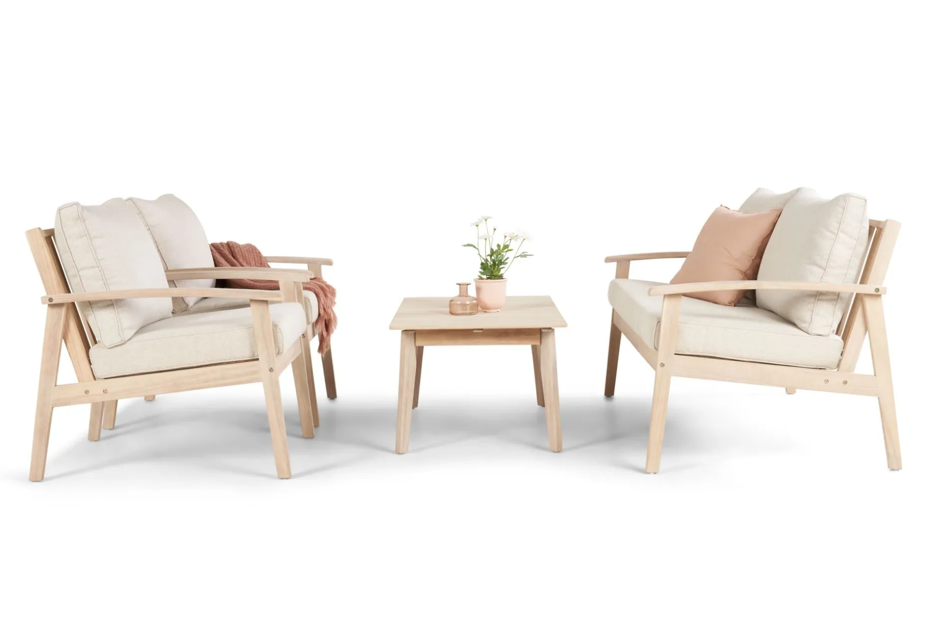Wagnera liten sofagruppe for utendørsbruk – 2-seters sofa med 2 lenestoler og salongbord i akasietre