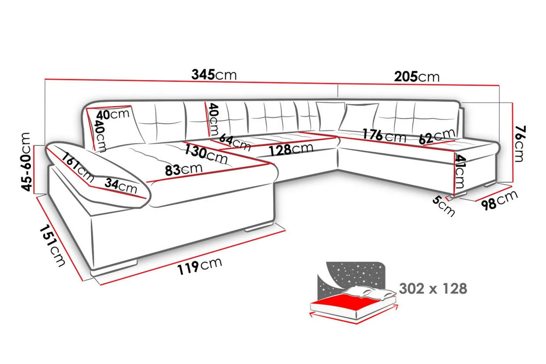 Zumar Sofa med Sjeselong og Divan 4-seter